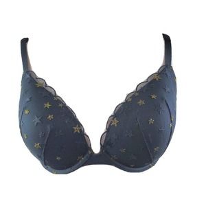 Victoria's Secret 34DD Bra Black Push UP Gold Embroidered Stars Lined Demi‎